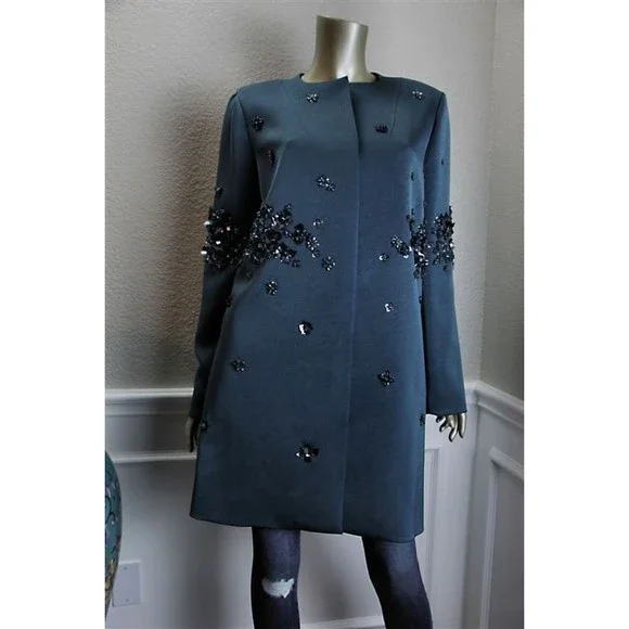 NWT ZAC POSEN Teal Sark Blue Beaded Sequin Rhinestone Jacket Coat 12